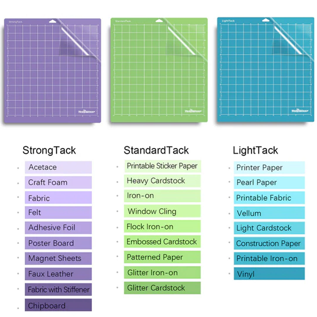 3 Different Cutting Mat Types, Light Tack, Standard Tack, Strong Tack. (Blue, Green, Purple)